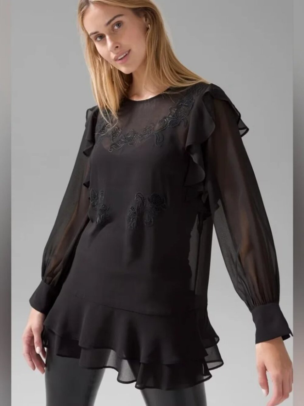 WHBM Applique Tunic Blouse Top Black Embroidered Sheer Black Ruffled size 12